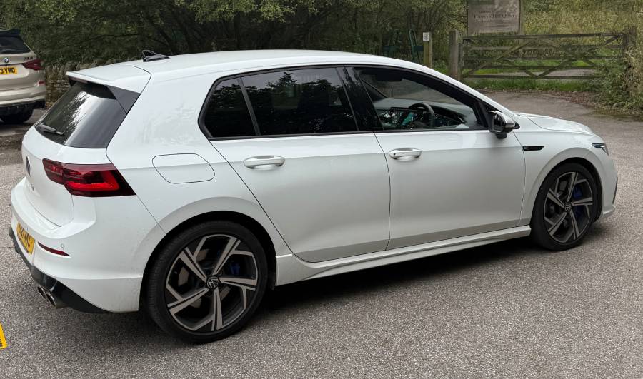 White Volkswagen Golf R hatchback available for hire from NW Car Hire in the North West